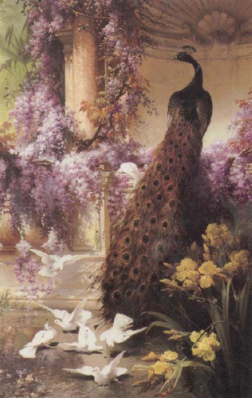 Eugene Bidau A Peacock and Doves in a Garden